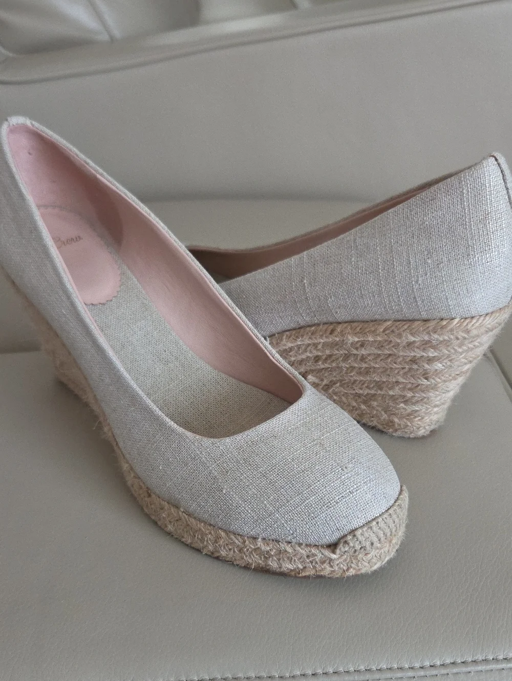 J. Crew Neutral Linen Espadrille Wedges with Pink Lining Size 9.5